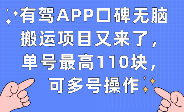 有驾APP口碑无脑搬运项目又来了，单号最高110块，可多号操作-零点科技