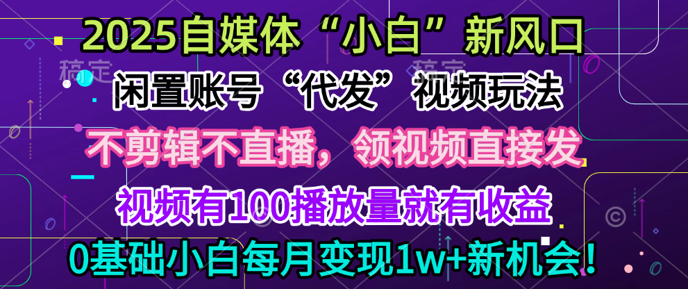 2025每月躺赚5w+新机会，闲置视频账号一键代发玩法，0粉不实名不剪辑，领了视频直接发，0基础小白也能日入300+-零点科技